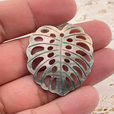 Alternative view of 2pc Monstera Leaf Beads Black Mother of Pearl 39mm Tropical Minimalistic Beads BM-0019