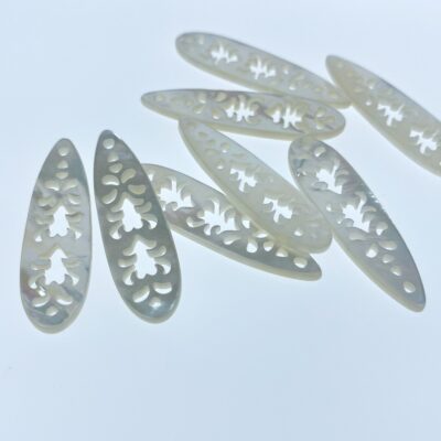 Alternative view of 2pc 11mm x 39mm Natural White Mother of Pearl Filigree Drop Shape Pendants WM-0128