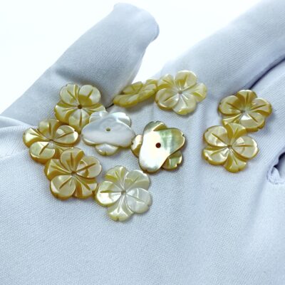 10pc Hibiscus Flower Beads Yellow Mother Of Pearl Hand Carved YM-0015