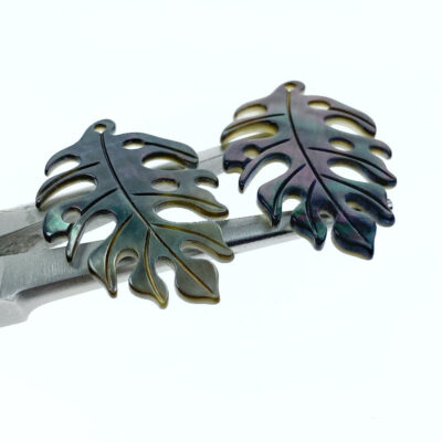 Alternative view of 2pc Monstera Leaf Beads Black Mother Of Pearl Hand Carved BM-0005