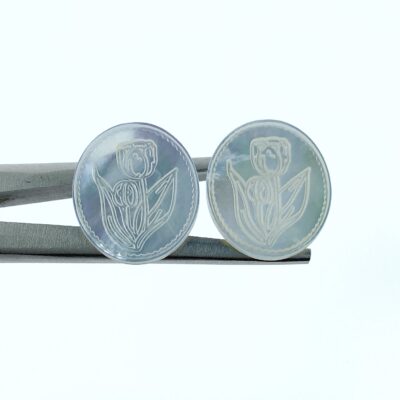 Alternative view of 2pc Tulip Flower Beads Cabochon White Mother Of Pearl Oval Charm Hand Carved Nature Pearl Shell 20mm Natural Organic Tulipan Flower WM-0049