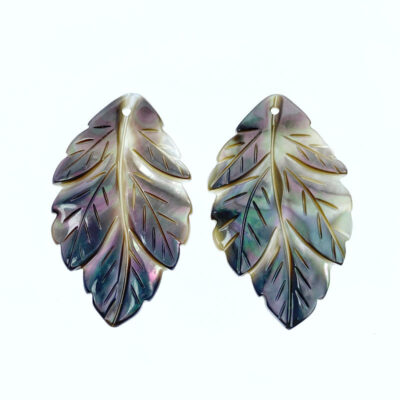 Alternative view of 2pc Leaf Beads Black Mother of Pearl Hand Carved Leaf Pendants BM-0068