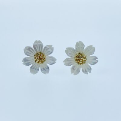 Alternative view of Daisy Flower Beads White Mother Of Pearl Hand Carved DIY Jewelry Making WM-0179