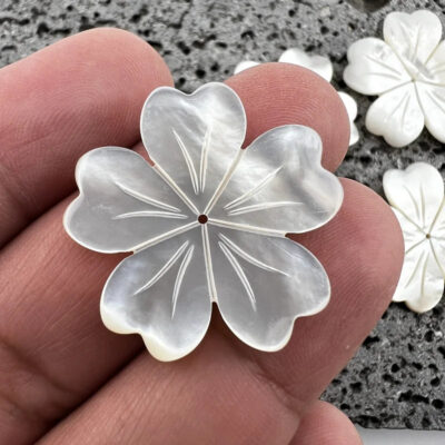 Alternative view of 2pc Tropical Flower Beads White Mother Of Pearl 29mm Hand Carved WM-0161
