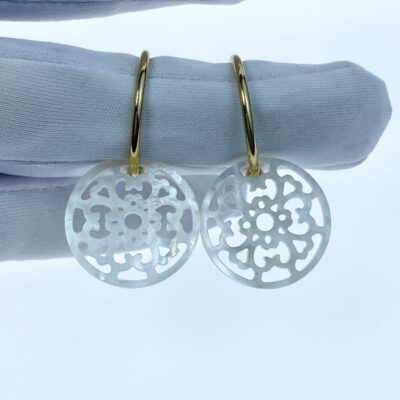 Alternative view of 2pc Mother Of Pearl Filigree Beads Pendants 20mm Organic Hand Made For Diy Jewelry Earring Making Natural Hand Carved WM-0157
